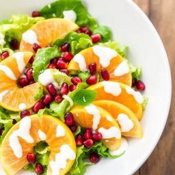 A vibrant, visually appealing salad featuring slices of juicy pomelo along with crisp romaine lettuce and sprinkled pomegranate seeds
