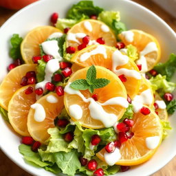 A vibrant, visually appealing salad featuring slices of juicy pomelo along with crisp romaine lettuce and sprinkled pomegranate seeds