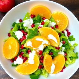 A vibrant, visually appealing salad featuring slices of juicy pomelo along with crisp romaine lettuce and sprinkled pomegranate seeds
