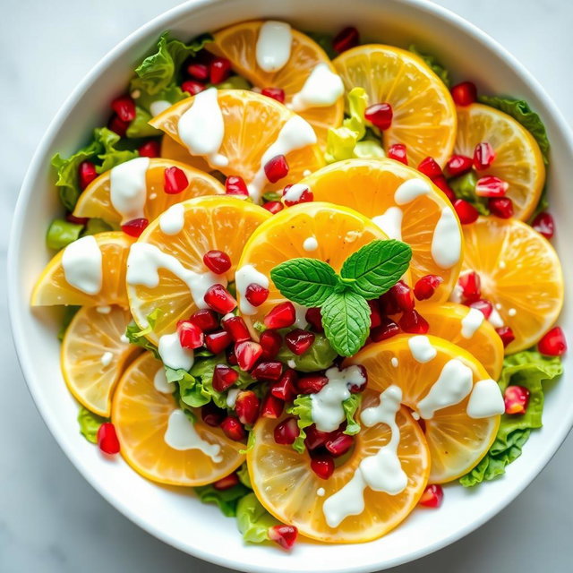A vibrant, visually appealing salad featuring slices of juicy pomelo along with crisp romaine lettuce and sprinkled pomegranate seeds