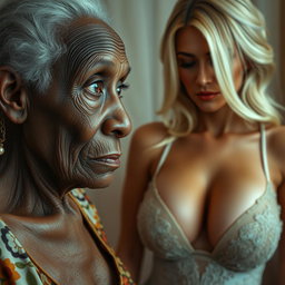 A realistic and expressive depiction of a 90-year-old slender African woman with distinct features, including noticeable dental issues, gazing intently with a sense of yearning