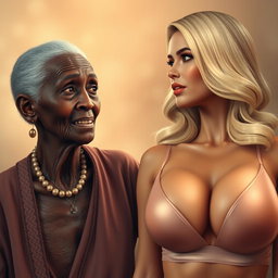 A realistic and expressive depiction of a 90-year-old slender African woman with distinct features, including noticeable dental issues, gazing intently with a sense of yearning