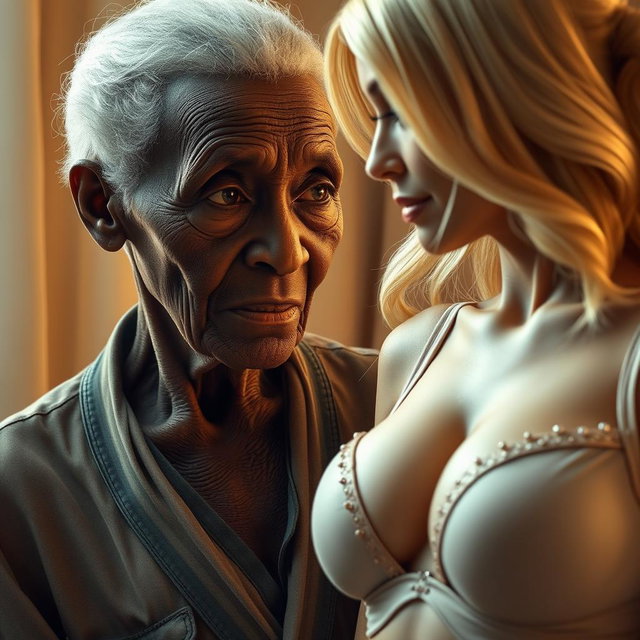 A realistic and expressive depiction of a 90-year-old slender African woman with distinct features, including noticeable dental issues, gazing intently with a sense of yearning