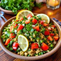 A beautifully arranged plate of fresh Tabbouleh, showcasing a vibrant mix of finely chopped parsley, mint, tomatoes, onions, and bulgur wheat