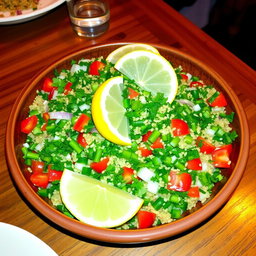 A beautifully arranged plate of fresh Tabbouleh, showcasing a vibrant mix of finely chopped parsley, mint, tomatoes, onions, and bulgur wheat