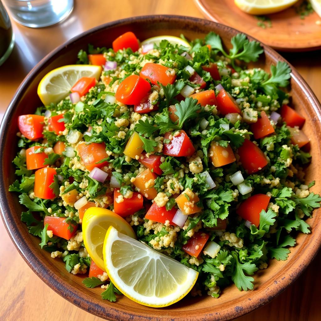 A beautifully arranged plate of fresh Tabbouleh, showcasing a vibrant mix of finely chopped parsley, mint, tomatoes, onions, and bulgur wheat