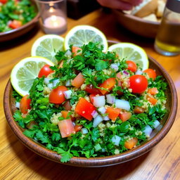 A beautifully arranged plate of fresh Tabbouleh, showcasing a vibrant mix of finely chopped parsley, mint, tomatoes, onions, and bulgur wheat