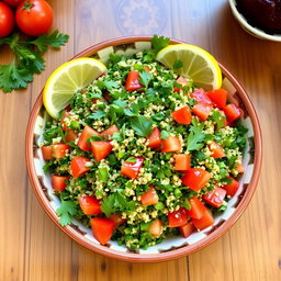 A vibrant and fresh plate of tabbouleh, featuring finely chopped parsley, tomatoes, and mint leaves, all mixed with bulgur wheat and seasoned with olive oil and lemon juice