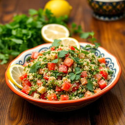 A vibrant and fresh plate of tabbouleh, featuring finely chopped parsley, tomatoes, and mint leaves, all mixed with bulgur wheat and seasoned with olive oil and lemon juice