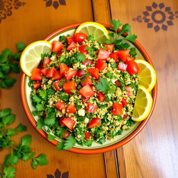 A vibrant and fresh plate of tabbouleh, featuring finely chopped parsley, tomatoes, and mint leaves, all mixed with bulgur wheat and seasoned with olive oil and lemon juice