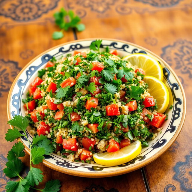 A vibrant and fresh plate of tabbouleh, featuring finely chopped parsley, tomatoes, and mint leaves, all mixed with bulgur wheat and seasoned with olive oil and lemon juice