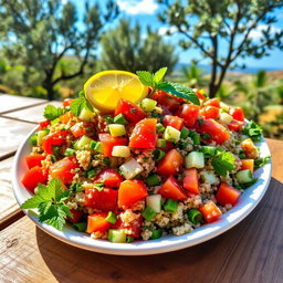 A colorful and vibrant plate of tabbouleh salad, beautifully arranged with finely chopped parsley, ripe tomatoes, diced cucumbers, green onions, and bulgur wheat