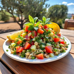 A colorful and vibrant plate of tabbouleh salad, beautifully arranged with finely chopped parsley, ripe tomatoes, diced cucumbers, green onions, and bulgur wheat