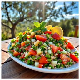 A colorful and vibrant plate of tabbouleh salad, beautifully arranged with finely chopped parsley, ripe tomatoes, diced cucumbers, green onions, and bulgur wheat