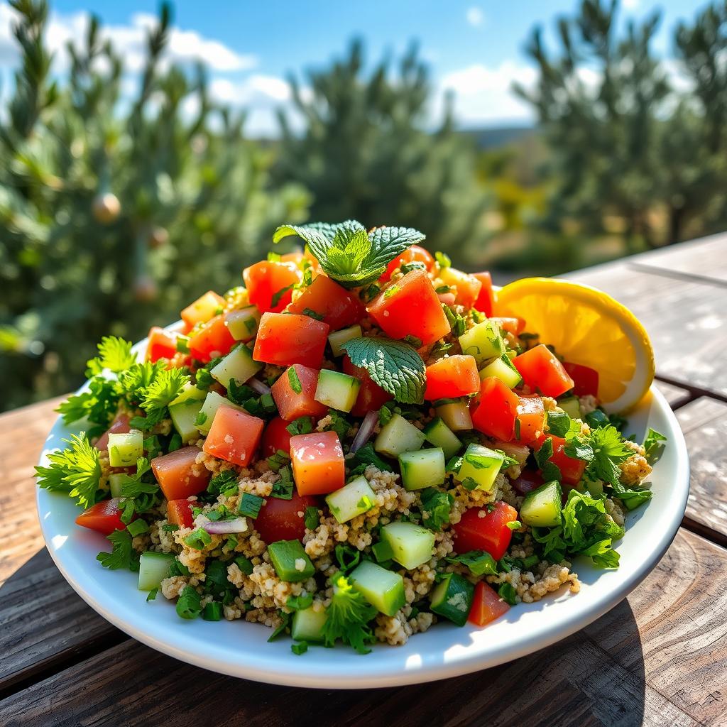 A colorful and vibrant plate of tabbouleh salad, beautifully arranged with finely chopped parsley, ripe tomatoes, diced cucumbers, green onions, and bulgur wheat