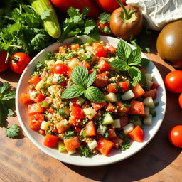 A refreshing plate of Tabouli salad, beautifully arranged with finely chopped parsley, ripe tomatoes, diced cucumbers, and bright green mint leaves