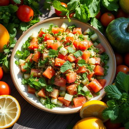 A refreshing plate of Tabouli salad, beautifully arranged with finely chopped parsley, ripe tomatoes, diced cucumbers, and bright green mint leaves