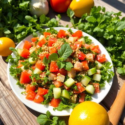 A refreshing plate of Tabouli salad, beautifully arranged with finely chopped parsley, ripe tomatoes, diced cucumbers, and bright green mint leaves