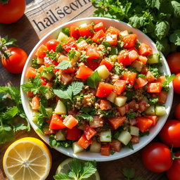 A refreshing plate of Tabouli salad, beautifully arranged with finely chopped parsley, ripe tomatoes, diced cucumbers, and bright green mint leaves