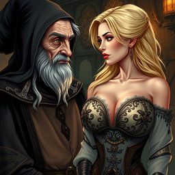 A realistic illustration of an elderly medieval witch, characterized by her traditional attire and mystical features, gazing intently with a look of desire