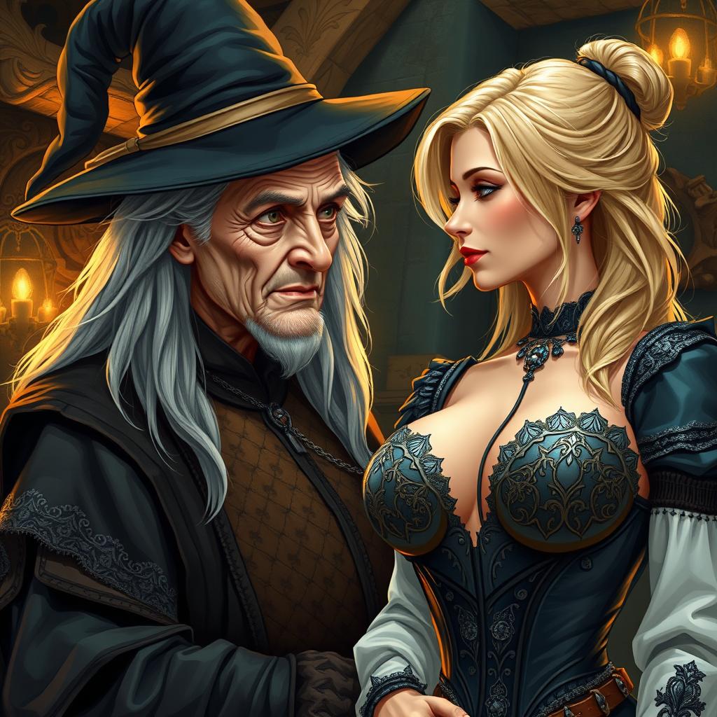 A realistic illustration of an elderly medieval witch, characterized by her traditional attire and mystical features, gazing intently with a look of desire