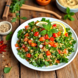 A vibrant plate of Syrian tabbouleh, showcasing finely chopped parsley, tomatoes, mint, and onion mixed with bulgur wheat