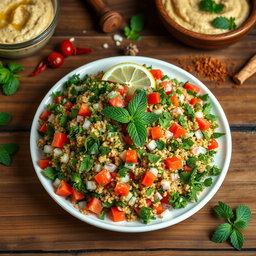 A vibrant plate of Syrian tabbouleh, showcasing finely chopped parsley, tomatoes, mint, and onion mixed with bulgur wheat