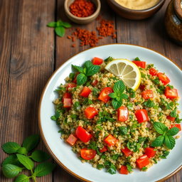A vibrant plate of Syrian tabbouleh, showcasing finely chopped parsley, tomatoes, mint, and onion mixed with bulgur wheat