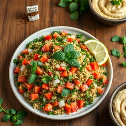 A vibrant plate of Syrian tabbouleh, showcasing finely chopped parsley, tomatoes, mint, and onion mixed with bulgur wheat