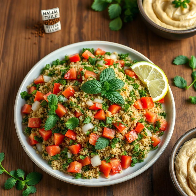 A vibrant plate of Syrian tabbouleh, showcasing finely chopped parsley, tomatoes, mint, and onion mixed with bulgur wheat