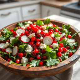 A stunning, vibrant salad featuring fresh arugula leaves combined with juicy pomegranate seeds