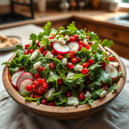 A stunning, vibrant salad featuring fresh arugula leaves combined with juicy pomegranate seeds