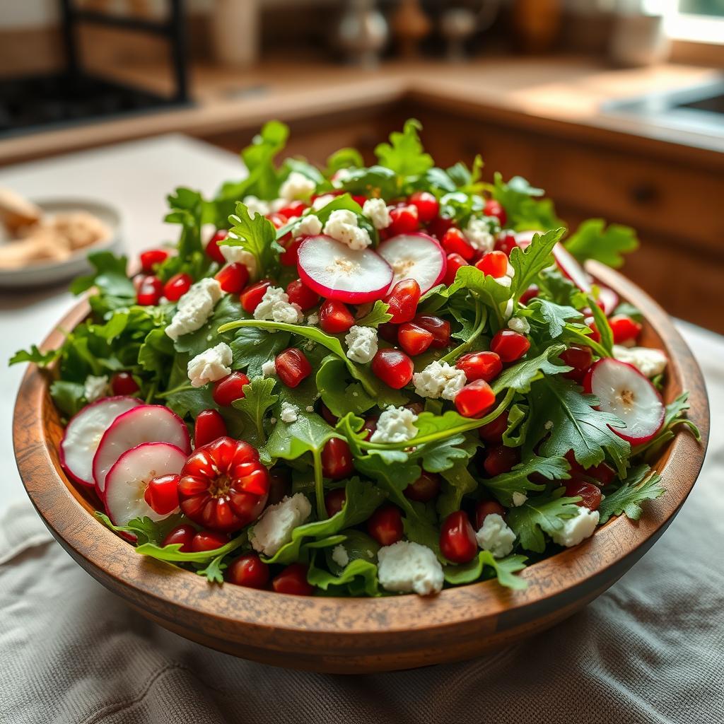 A stunning, vibrant salad featuring fresh arugula leaves combined with juicy pomegranate seeds