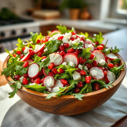 A stunning, vibrant salad featuring fresh arugula leaves combined with juicy pomegranate seeds