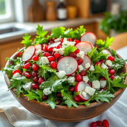 A stunning, vibrant salad featuring fresh arugula leaves combined with juicy pomegranate seeds