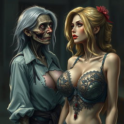 A realistic and detailed illustration of a 90-year-old zombie woman, characterized by her decayed features and tattered clothing, gazing intently with a longing expression
