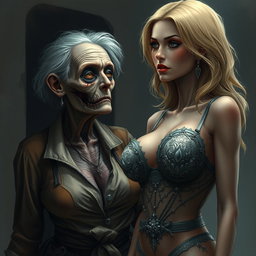 A realistic and detailed illustration of a 90-year-old zombie woman, characterized by her decayed features and tattered clothing, gazing intently with a longing expression