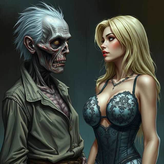 A realistic and detailed illustration of a 90-year-old zombie woman, characterized by her decayed features and tattered clothing, gazing intently with a longing expression