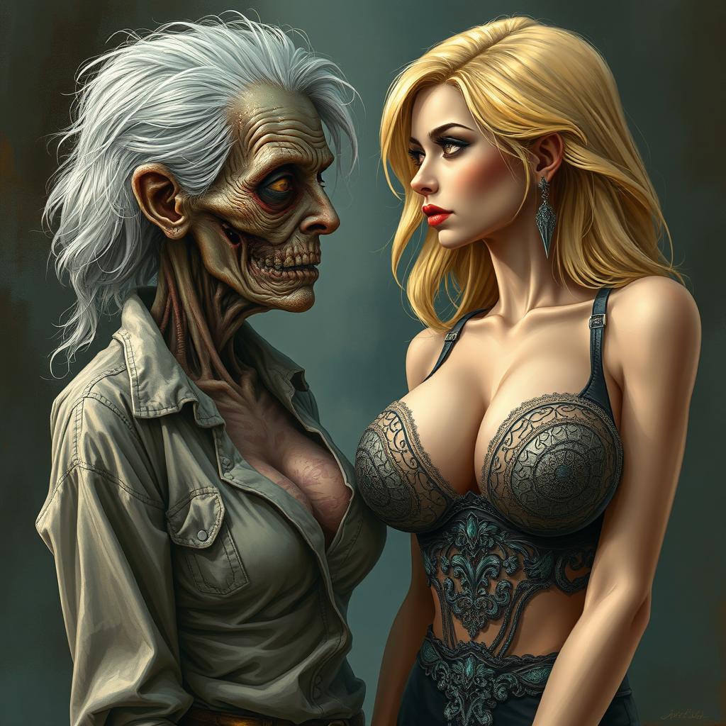 A realistic and detailed illustration of a 90-year-old zombie woman, characterized by her decayed features and tattered clothing, gazing intently with a longing expression