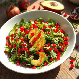 A vibrant arugula salad elegantly presented in a large white bowl