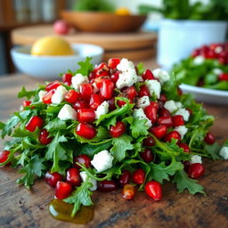 A fresh, vibrant arugula salad topped with bright pomegranate seeds and crumbled feta cheese