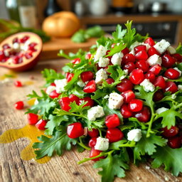 A fresh, vibrant arugula salad topped with bright pomegranate seeds and crumbled feta cheese