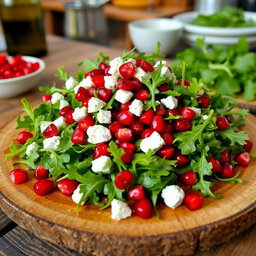 A fresh, vibrant arugula salad topped with bright pomegranate seeds and crumbled feta cheese
