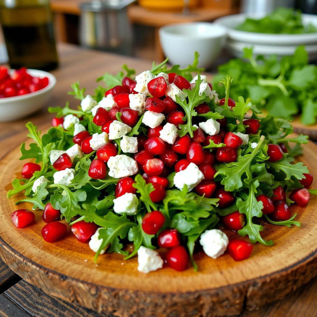 A fresh, vibrant arugula salad topped with bright pomegranate seeds and crumbled feta cheese