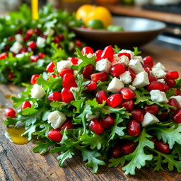 A fresh, vibrant arugula salad topped with bright pomegranate seeds and crumbled feta cheese