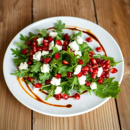 A beautiful plate of arugula salad with pomegranate seeds and feta cheese