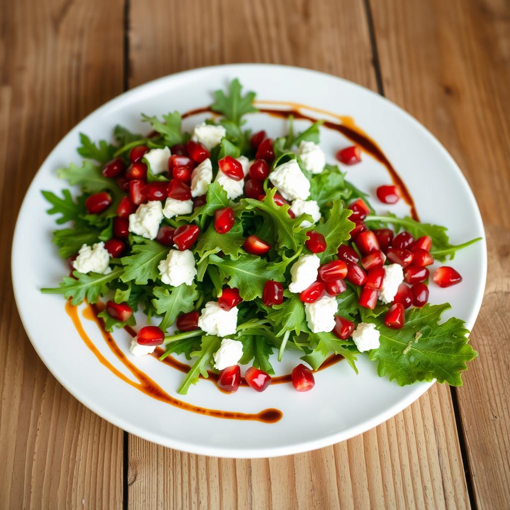 A beautiful plate of arugula salad with pomegranate seeds and feta cheese