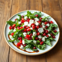 A beautiful plate of arugula salad with pomegranate seeds and feta cheese