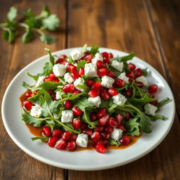 A beautiful plate of arugula salad with pomegranate seeds and feta cheese
