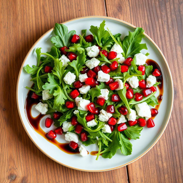 A beautiful plate of arugula salad with pomegranate seeds and feta cheese
